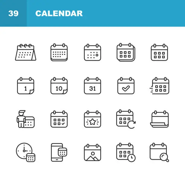 Vector illustration of Calendar Line Icons. Editable Stroke. Pixel Perfect. For Mobile and Web. Contains such icons as Calendar, Appointment, Holiday, Clock, Time, Deadline.