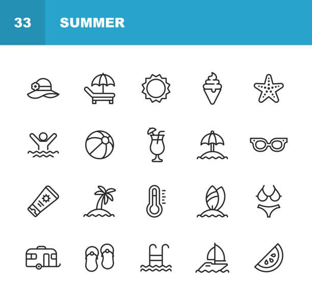 ikony linii letniej. edytowalny obrys. pixel perfect. dla urządzeń mobilnych i sieci web. zawiera takie ikony jak lato, plaża, impreza, leżak, słońce, pływanie, podróże, arbuz, koktajl, piłka plażowa, rejs, palma. - nautical vessel buoy symbol computer icon stock illustrations