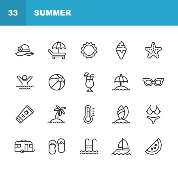 Summer Line Icons. Editable Stroke. Pixel Perfect. For Mobile and Web. Contains such icons as Summer, Beach, Party, Sunbed, Sun, Swimming, Travel, Watermelon, Cocktail, Beach Ball, Cruise, Palm Tree. 20 Summer Outline Icons. summer icons stock illustrations
