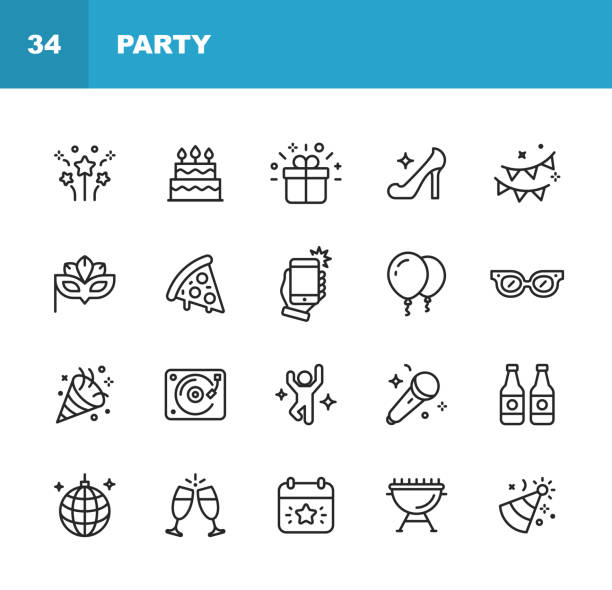 ilustrações de stock, clip art, desenhos animados e ícones de party line icons. editable stroke. pixel perfect. for mobile and web. contains such icons as party, decoration, disco ball, dancing, nightlife, selfie, fast food, beer, glasses, gift, cake. - friends drink