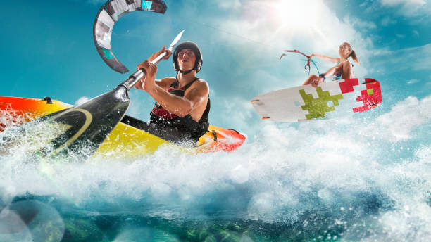 Dynamic and abstract motion blur image of a group of people white-water rafting on a fast-flowing river. Unrecognizable people, The radial blur effect conveys intense speed, adrenaline, and adventure