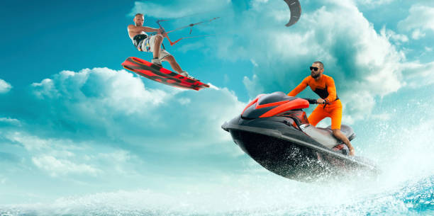 istock Kite surfing with water scooter and in tropical ocean. 1158833280