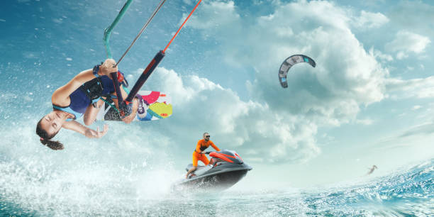 istock Kite surfing with water scooter and in tropical ocean. 1158833281