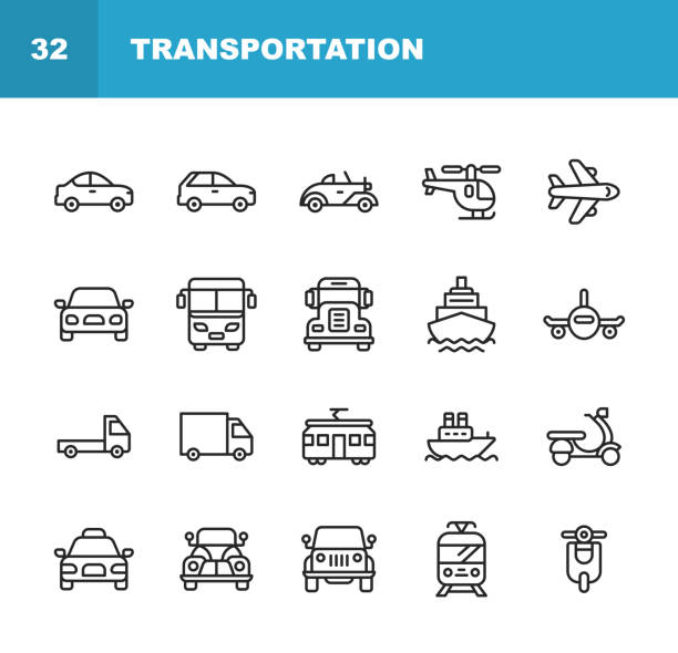Transportation Line Icons. Editable Stroke. Pixel Perfect. For Mobile and Web. Contains such icons as Helicopter, Plane, Car, Transport, Vehicle, Boat, Train, Tram, Cruise Ship. 20 Transportation Outline Icons. land vehicle stock illustrations