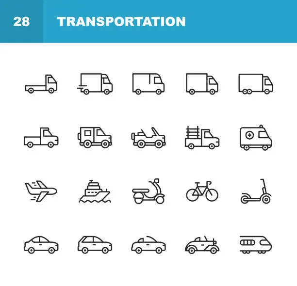 Vector illustration of Transportation Line Icons. Editable Stroke. Pixel Perfect. For Mobile and Web. Contains such icons as Truck, Car, Vehicle, Shipping, Sailboat, Plane, Motorbike, Bicycle.