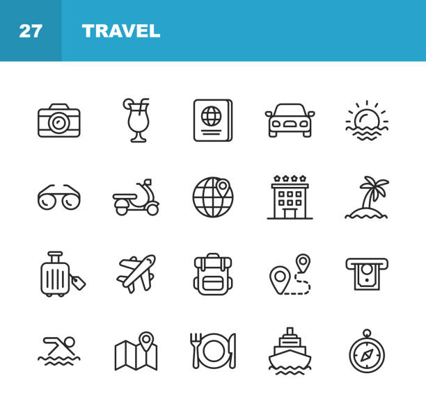 여행 라인 아이콘. 편집 가능한 스트로크입니다. 픽셀 완벽한. 모바일 및 웹용. 카메라, 칵테일, 여권, 일몰, 비행기, 호텔, 크루즈 선박, atm, 팜 트리, 배낭, 레스토랑과 같은 아이콘이 포함되어 � - camera currency passport tourist stock illustrations