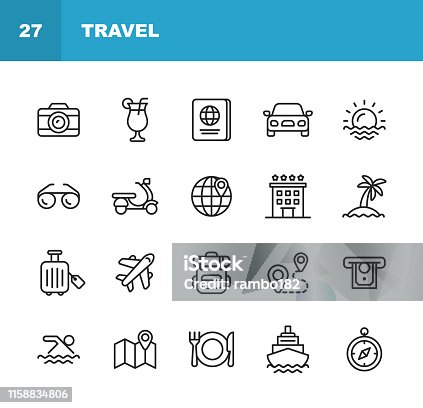 istock Travel Line Icons. Editable Stroke. Pixel Perfect. For Mobile and Web. Contains such icons as Camera, Cocktail, Passport, Sunset, Plane, Hotel, Cruise Ship, ATM, Palm Tree, Backpack, Restaurant. 1158834806