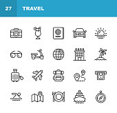 istock Travel Line Icons. Editable Stroke. Pixel Perfect. For Mobile and Web. Contains such icons as Camera, Cocktail, Passport, Sunset, Plane, Hotel, Cruise Ship, ATM, Palm Tree, Backpack, Restaurant. 1158834806