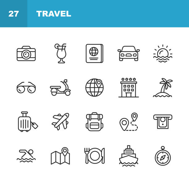 Travel Line Icons. Editable Stroke. Pixel Perfect. For Mobile and Web. Contains such icons as Camera, Cocktail, Passport, Sunset, Plane, Hotel, Cruise Ship, ATM, Palm Tree, Backpack, Restaurant. 20 Travel Outline Icons. journey icons stock illustrations