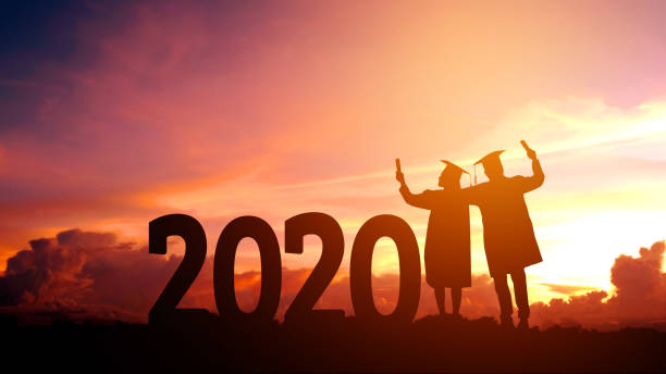 2020 new year silhouette people graduation in 2020 years education congratulation concept ,freedom and happy new year - years imagens e fotografias de stock