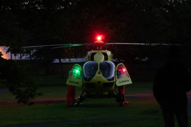 hit and run incident involving cyclist on leeds old road, bradford, bd3 27-6-2019. police and air ambulance on scene - hit and run imagens e fotografias de stock