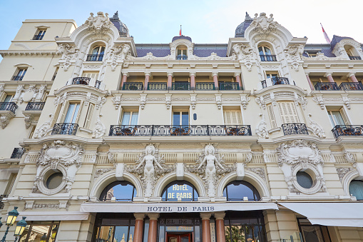 MONTE CARLO, MONACO - AUGUST 21, 2016: Hotel de Paris, luxury hotel building in a summer day in Monte Carlo, Monaco.