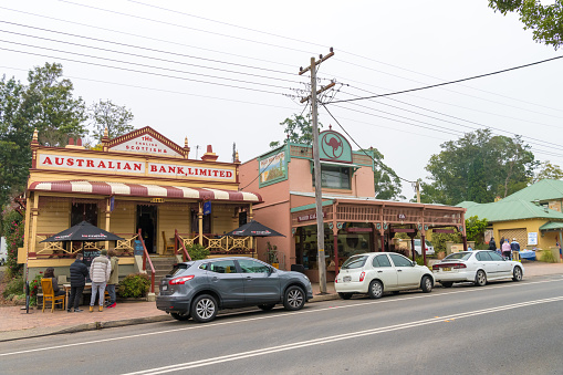 Kangaroo Valley, NSW, Australia-June 8, 2019: People enjoying the long weekend in Kangaroo Valley, a charming village known for its historic bridge, tea rooms and pies, golf and wine tasting.