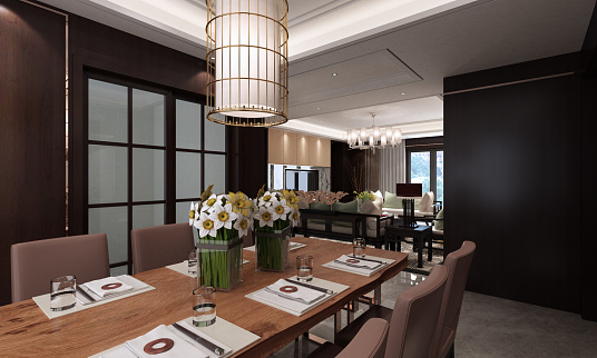 Modern designed living/dining room interior. (3d render)