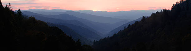 첫 빛을 smokies 위로 - great smoky mountains great smoky mountains national park panoramic sunrise 뉴스 사진 이미지