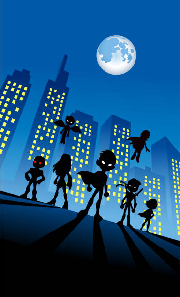 vector kids superhero silhouette zespołu w tle miasta w nocy - superhero comic book cityscape flying stock illustrations