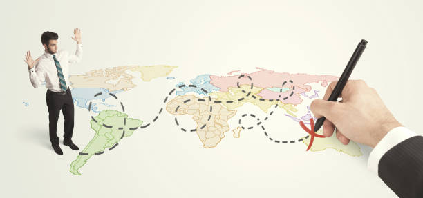 istock Businessman looking at map and route drawn by hand 1158843571