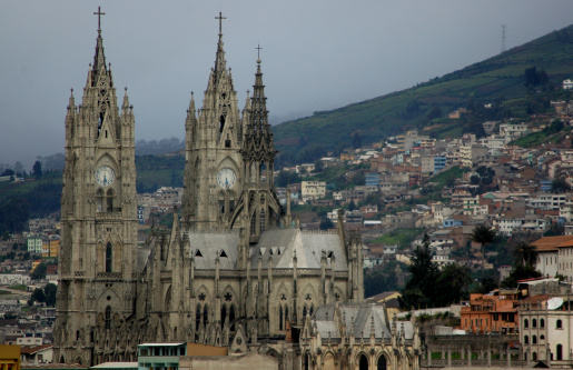 La Basilica del Voto Nacional in Quito, Ecuador. Neo-Gothic architecture. In Centro Historico, the Old Town. Quito is a UNESCO World Cultural Heritage Site.