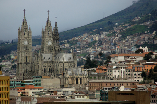La Basilica del Voto Nacional in Quito, Ecuador. Neo-Gothic architecture. In Centro Historico, the Old Town. Quito is a UNESCO World Cultural Heritage Site.