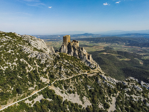 Cucugnan France June 4th of 2019 : The half ruined fortress of Queribus in Aude france. It is one of the cathar castles.