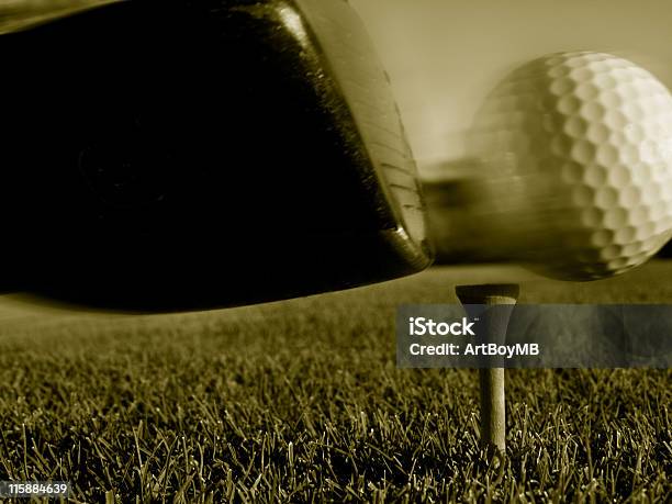 Columpio De Golf Ball In Motion Sepia Foto de stock y más banco de imágenes de Golf - Golf, Golpear, Lanzar la pelota