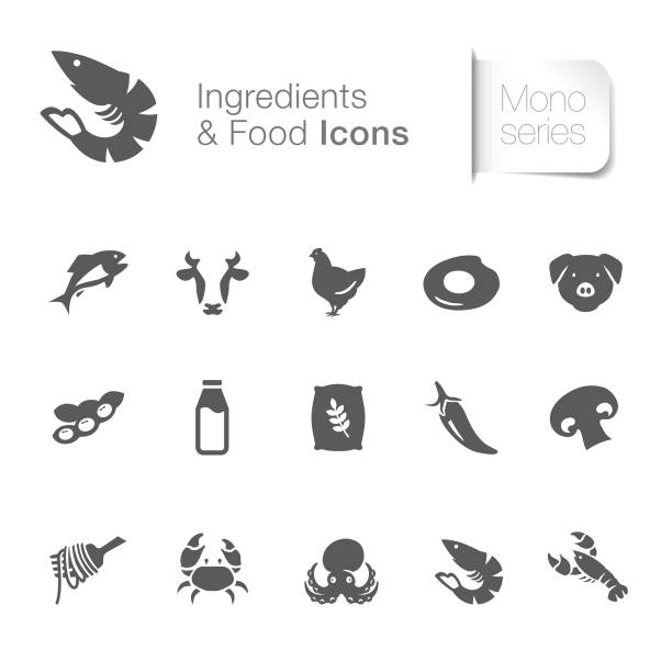 Ingredient & food related icons Ingredient & food related icons, seafood, meat, pasta etc. prawn animal stock illustrations
