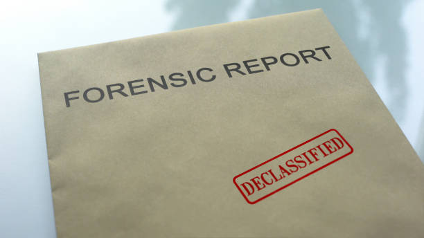 istock Forensic report declassified, seal stamped on folder with important documents 1158848574