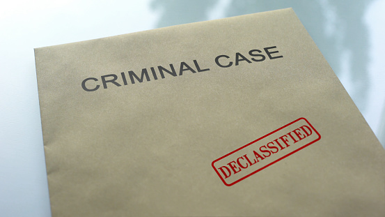 Criminal case declassified, seal stamped on folder with important documents