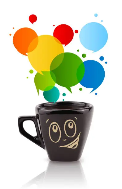 Coffee-mug with colorful abstract speech bubble, isolated on white
