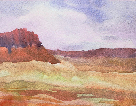 Landscape of the American prairies. Wild West. Watercolor painting