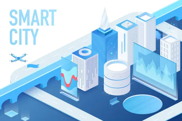 Vector illustration of Isometric model of modern smart city with data centers, servers and matrix crypto blockchain buildings vector illustration.