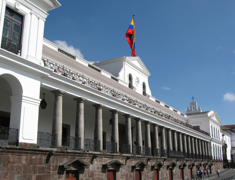 Palaico de Gobierno, Presidential Palace, Quito, Ecuador, is located on the Plaza de Independencia. Neoclassical architecture. Centro Historico, Old Town. Quito is a UNESCO World Cultural Heritage Site.