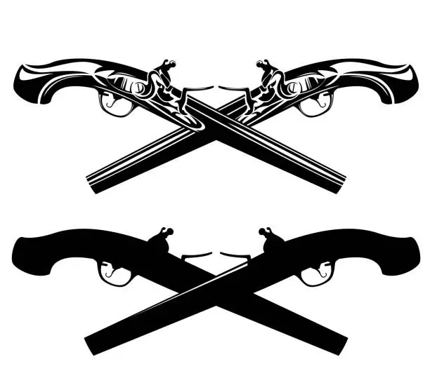 Vector illustration of crossed duel pistols black and white vector design