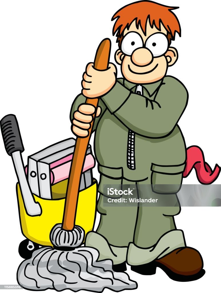 Janitor avec serpillière et caddy - clipart vectoriel de Agent d'entretien libre de droits