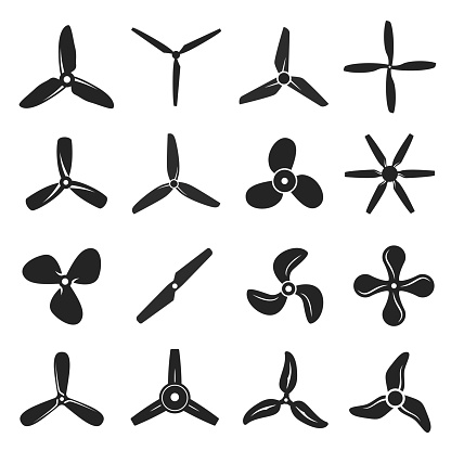 Propeller screw icon set, engine or motor image. Type of fan, to produce thrust by accelerating a flow of water. Vector illustration on white background