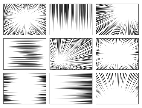 Comic book speed lines set, explosion effect. Abstract radial zoom speed light, motion background. Vector illustration on white background