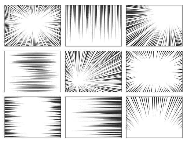 Comic book speed lines set, explosion effect Comic book speed lines set, explosion effect. Abstract radial zoom speed light, motion background. Vector illustration on white background cartoon stock illustrations