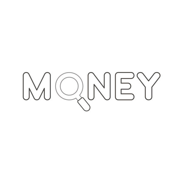 Flat design style vector concept of money text with magnifying glass or magnifier icon on white. White and colored outlines. Flat design style vector illustration concept of money text with grey and magnifying glass or magnifier symbol icon on white background. White and colored outlines. currency chasing discovery making money stock illustrations