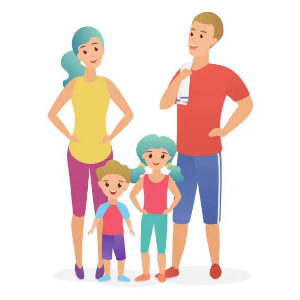 Vector illustration of Sport fitness happy family. Dad, mother, son and daughter lead a healthy lifestyle flat vector illustration.