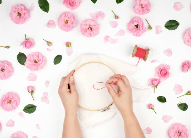 istock two female hands holding a round wooden hoop and a red thread 1158861341