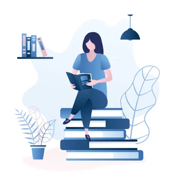 Vector illustration of Beauty girl sitting on pile of books,female character reading book or magazine,education or learning concept,