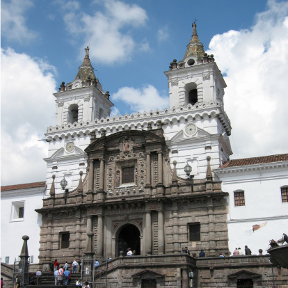 Iglesia de San Francisco, Quito, Ecuador. Subdued baroque architecture. Quito is a UNESCO World Cultural Heritage Site.