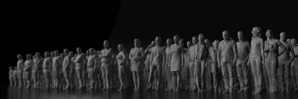 istock Crowd standing and waiting for something all lined up black background 3d render 1158866416