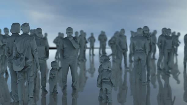 istock Very large group or people standing outdoor in front of ocean 3d render 1158866446