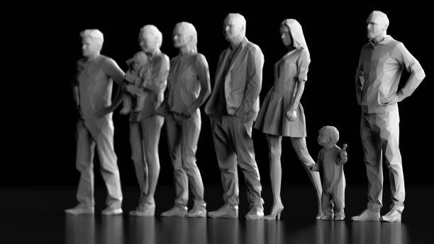 istock Side view of  six parents with baby and kid 3d render 1158866464