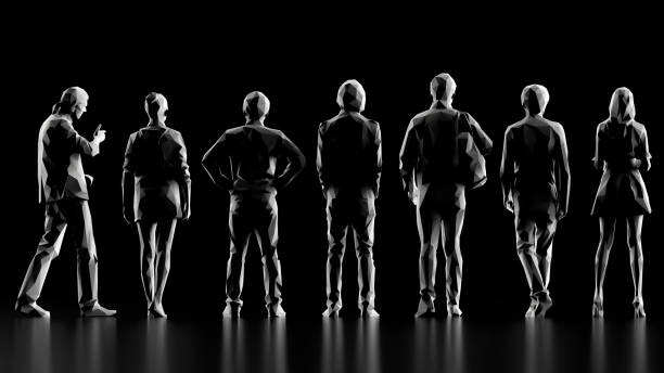 istock Back view of people with different gestures wearing causal clothes 3d render 1158866470