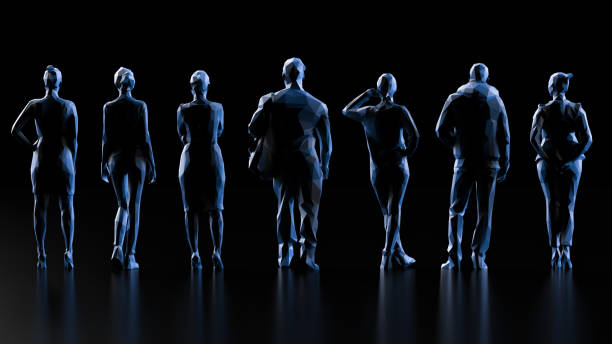istock Back view four women and two men standing with causal clothing 3d render 1158866489