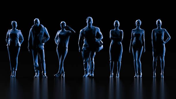 istock Front view four women and two men standing with causal clothing 3d render 1158866490