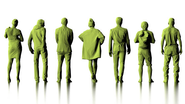 Back side view of two women and five men with causal clothing 3d render