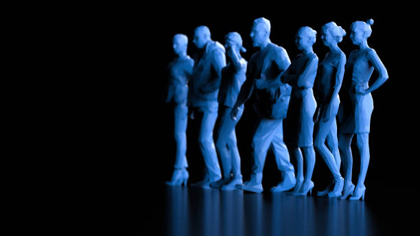 istock Side view four women and two men standing with causal clothing 3d render 1158866497